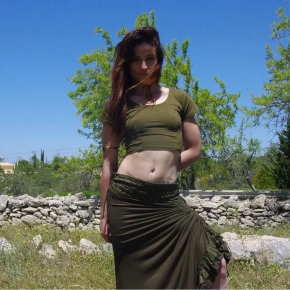 Boho Olive Green Wrap Maxi Skirt - Women - Picture 3 of 3